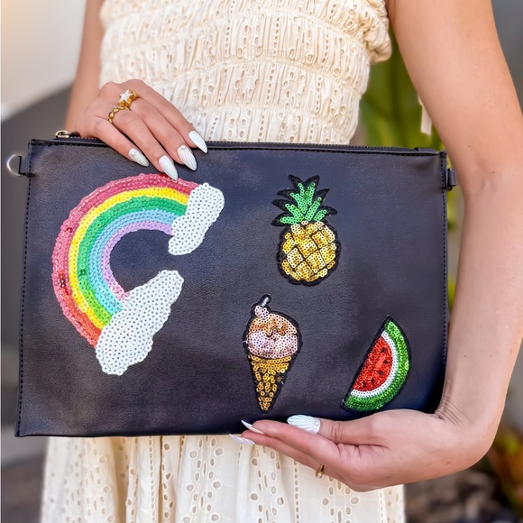 Handbags - Sequin Patch Zipper Wristlet Purse/Clutch (Black)